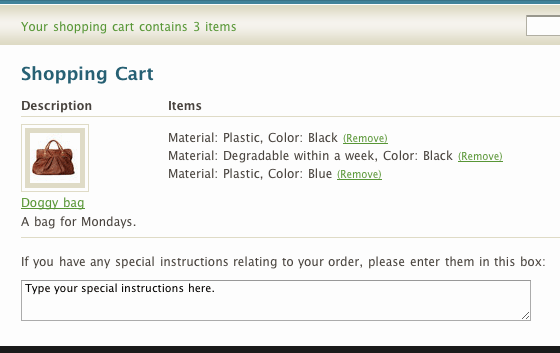 Your cart page showing three cart items