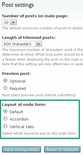 The node-settings page after the module's installation.